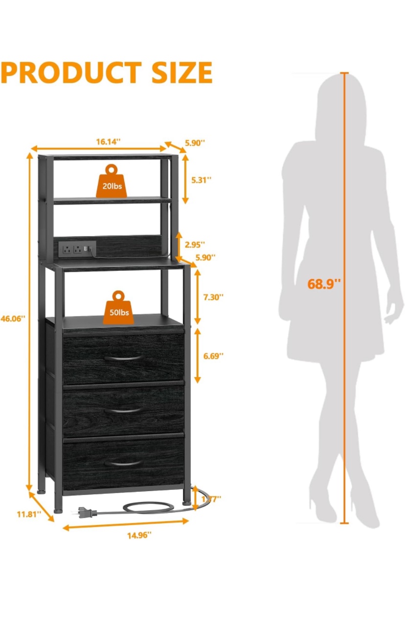 Black 3 Drawer Storage Shelf with Top Shelf and Outlets - photo 3