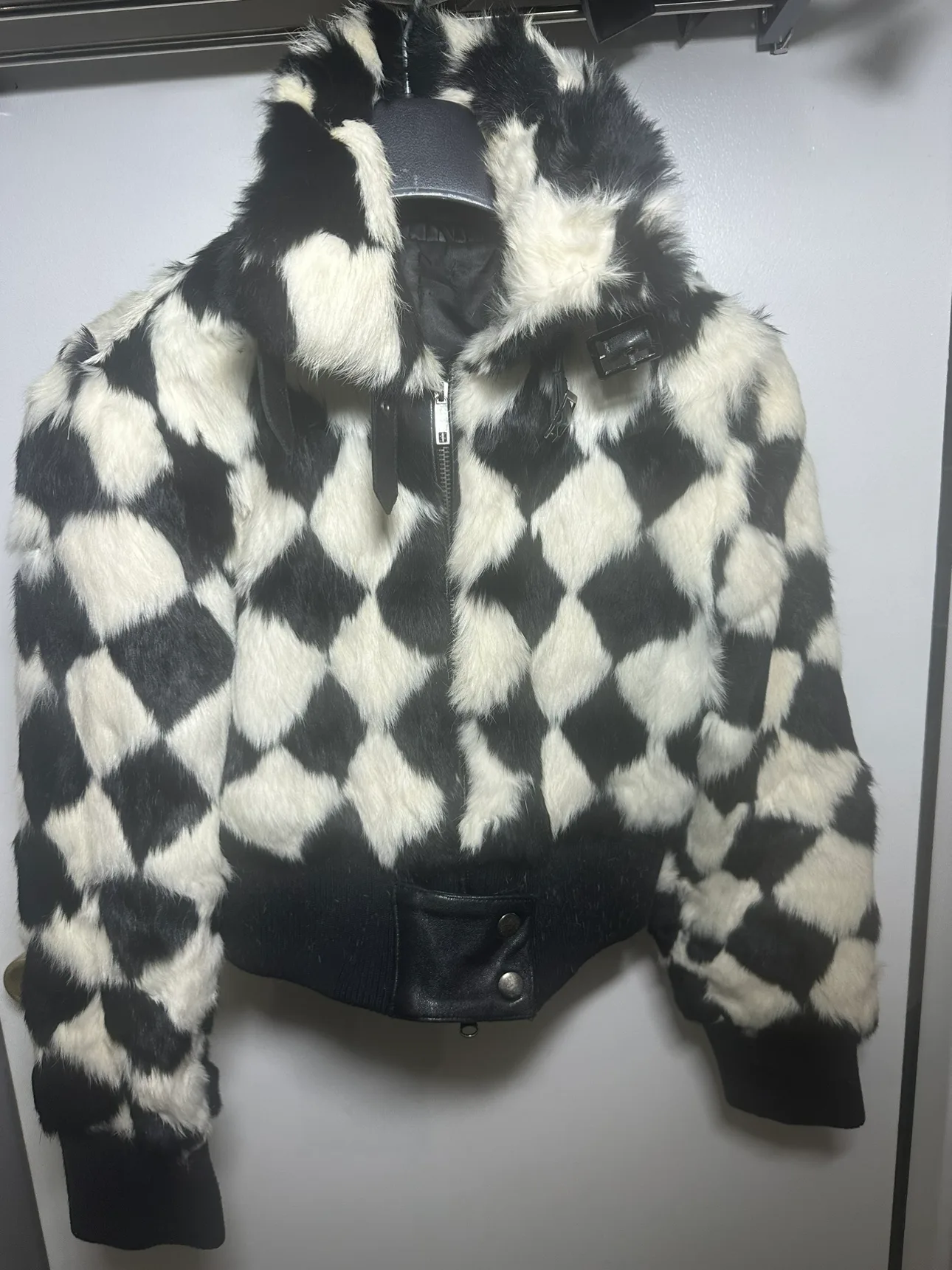 Black and White Real Rabbit Fur Bomber Jacket image indicator(2)