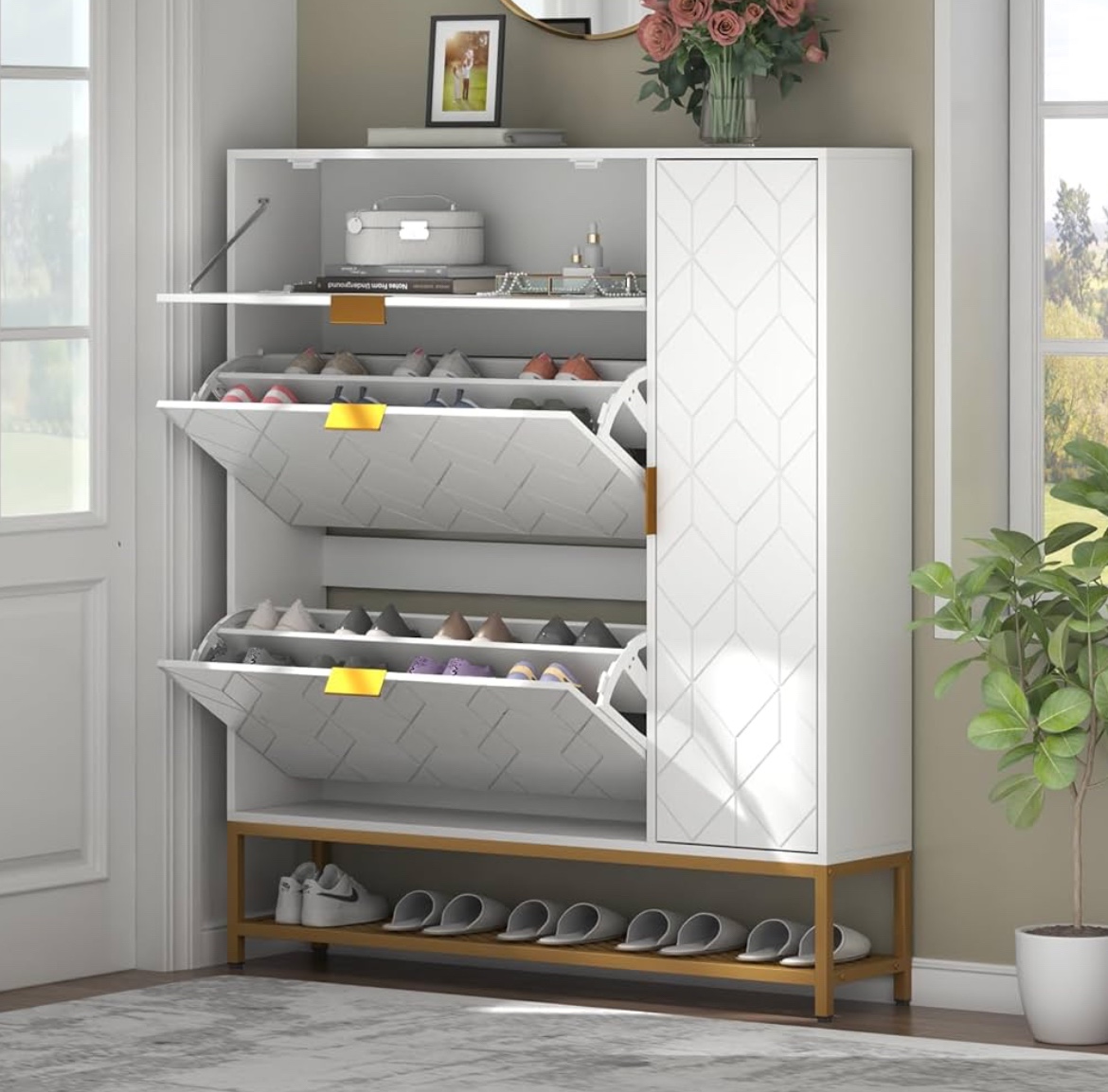 White Shoe Cabinet with Shelf and Storage