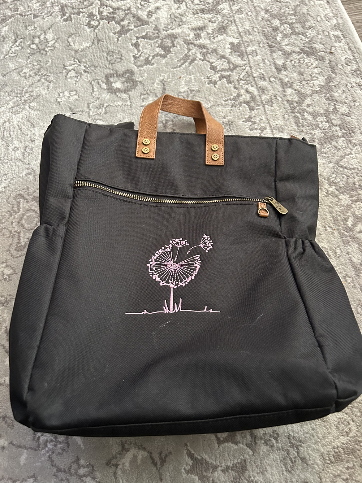 Black Backpack with Dandelion Embroidery