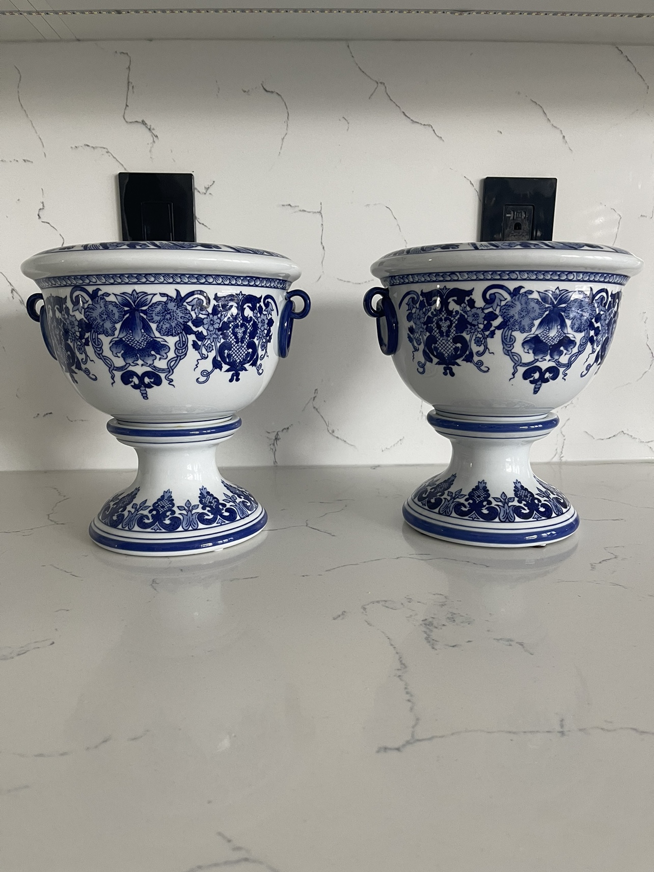 Blue and White Ceramic Urns with Lids - photo 3