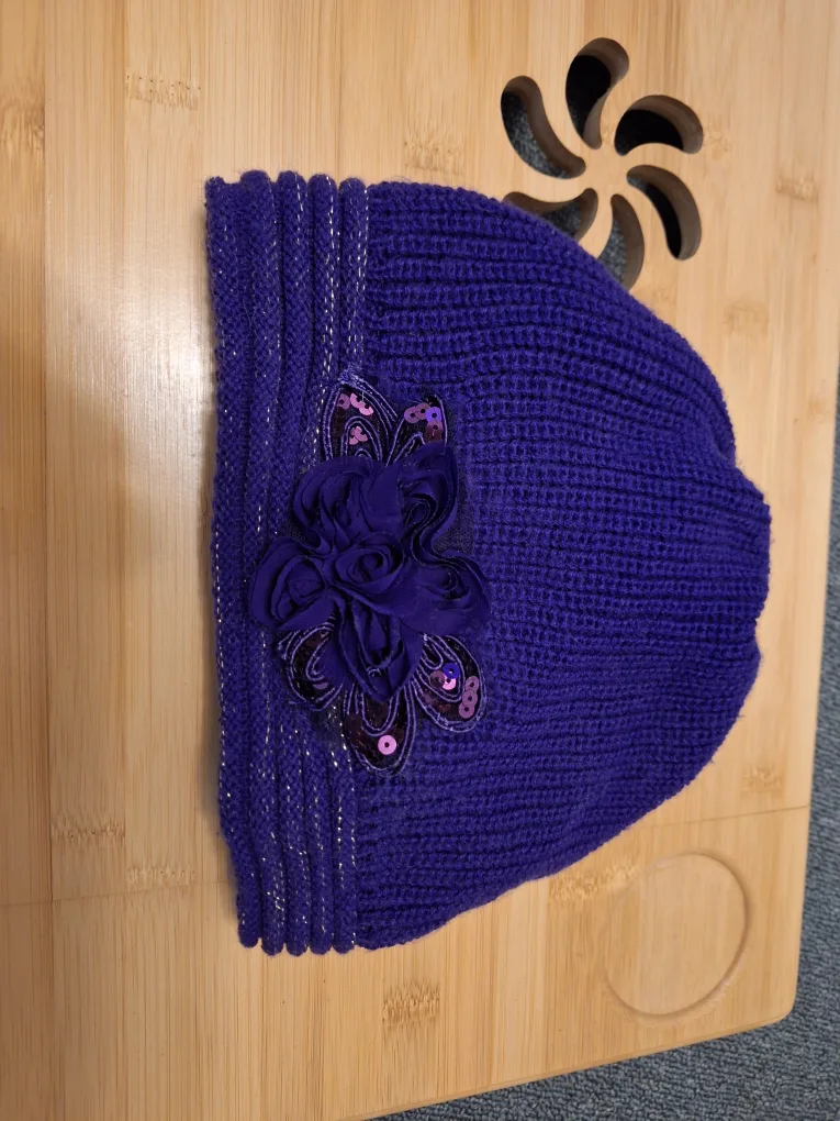Purple Knit Beanie with Flower Detail 🧡 thumbnail