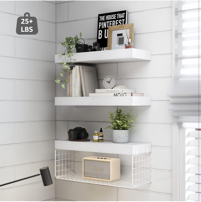 White Floating Bathroom Shelves - set of 3 and basket ( new ) - photo 4