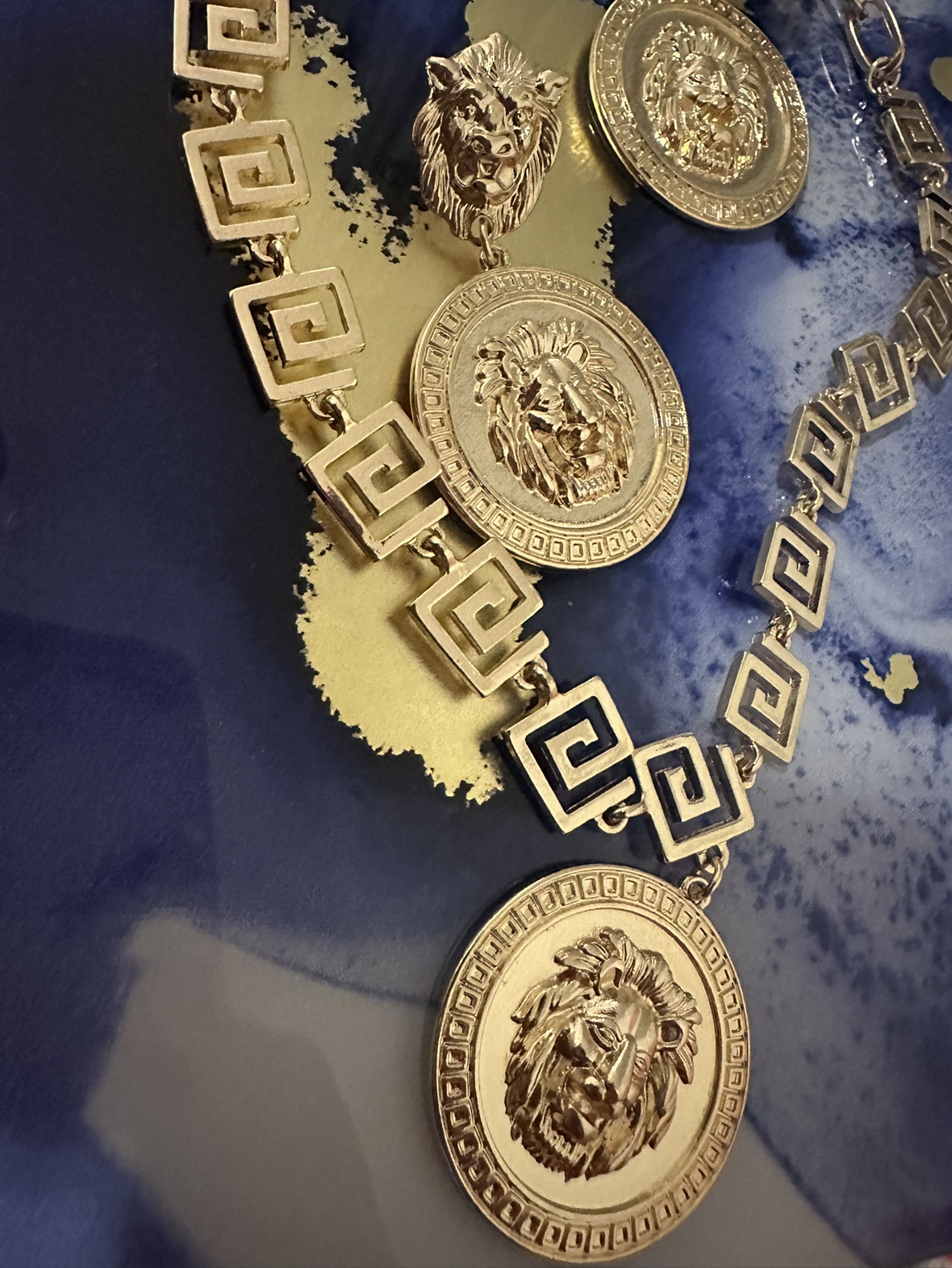 Gold Lion Head Necklace and Earrings