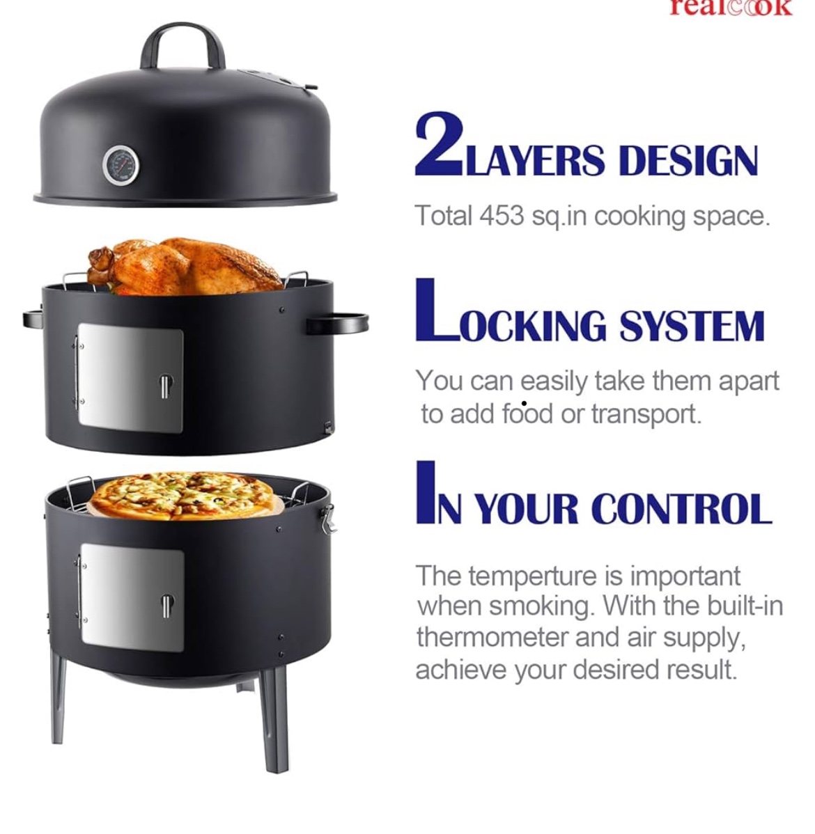 Realcook Steel Charcoal Smoker, Heavy Duty Round BBQ Grill - photo 3