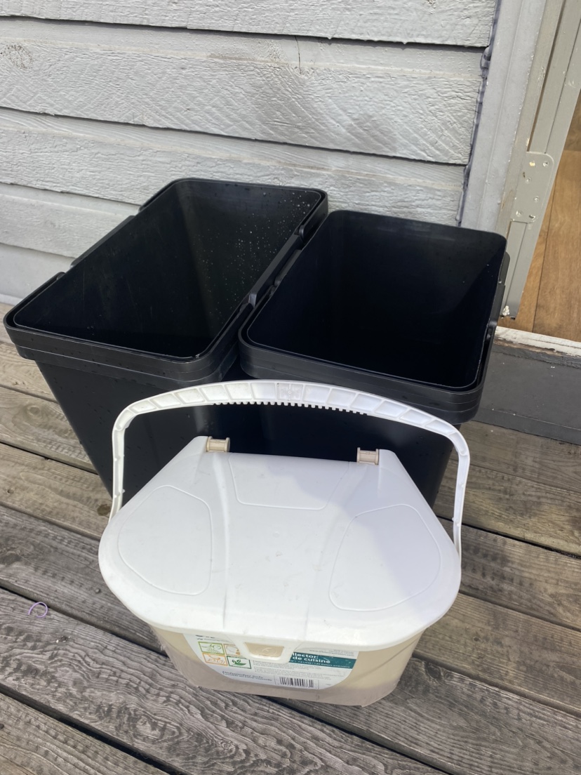 Black Recycling Bins with White Compost Bin