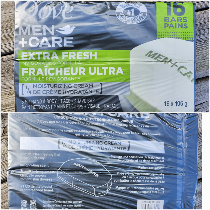 New Dove Men+Care Extra Fresh Hand & Body, Face & Shave bars.