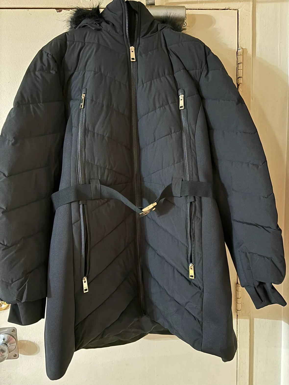 Michael Kors Black Puffer Coat with Fur Hood image indicator(2)