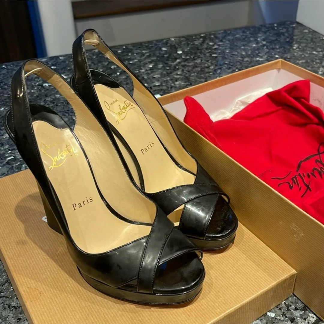 Christian Louboutin Black Patent Leather Slingback Heels thumbnail