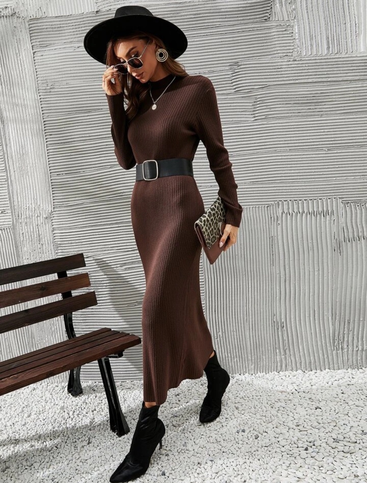 Brown Mock Neck Ribbed Knit Dress