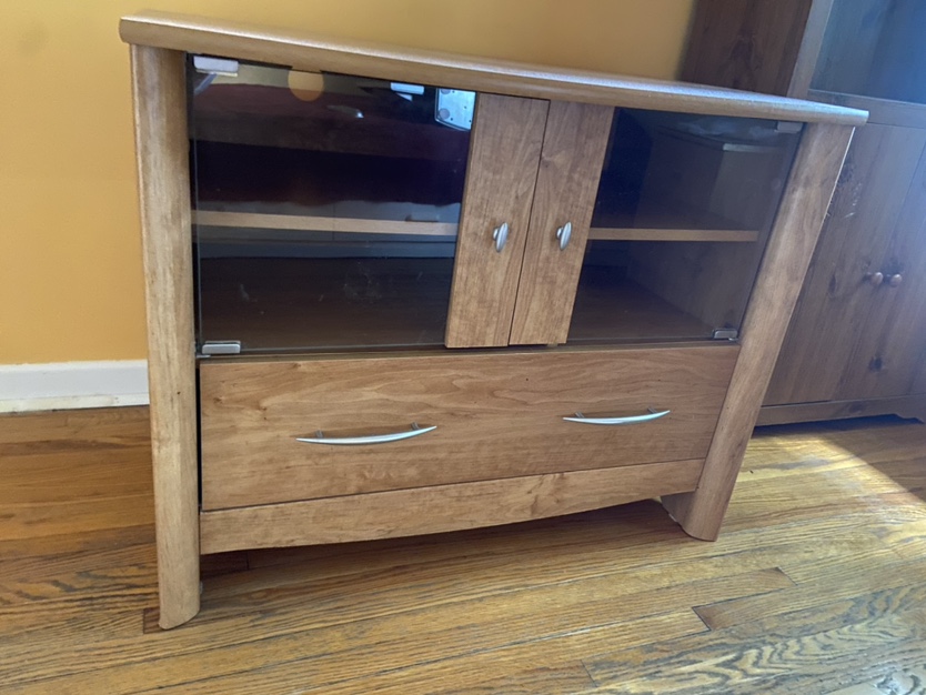 Wooden TV Stand with Glass Doors and drawer