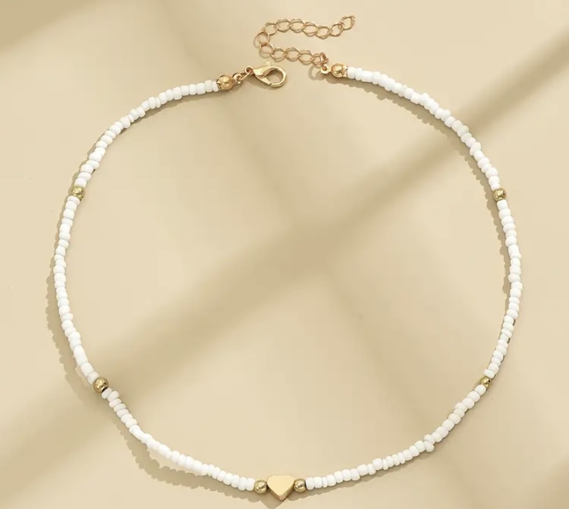 White Beaded Necklace with Gold Heart Charm - photo 3