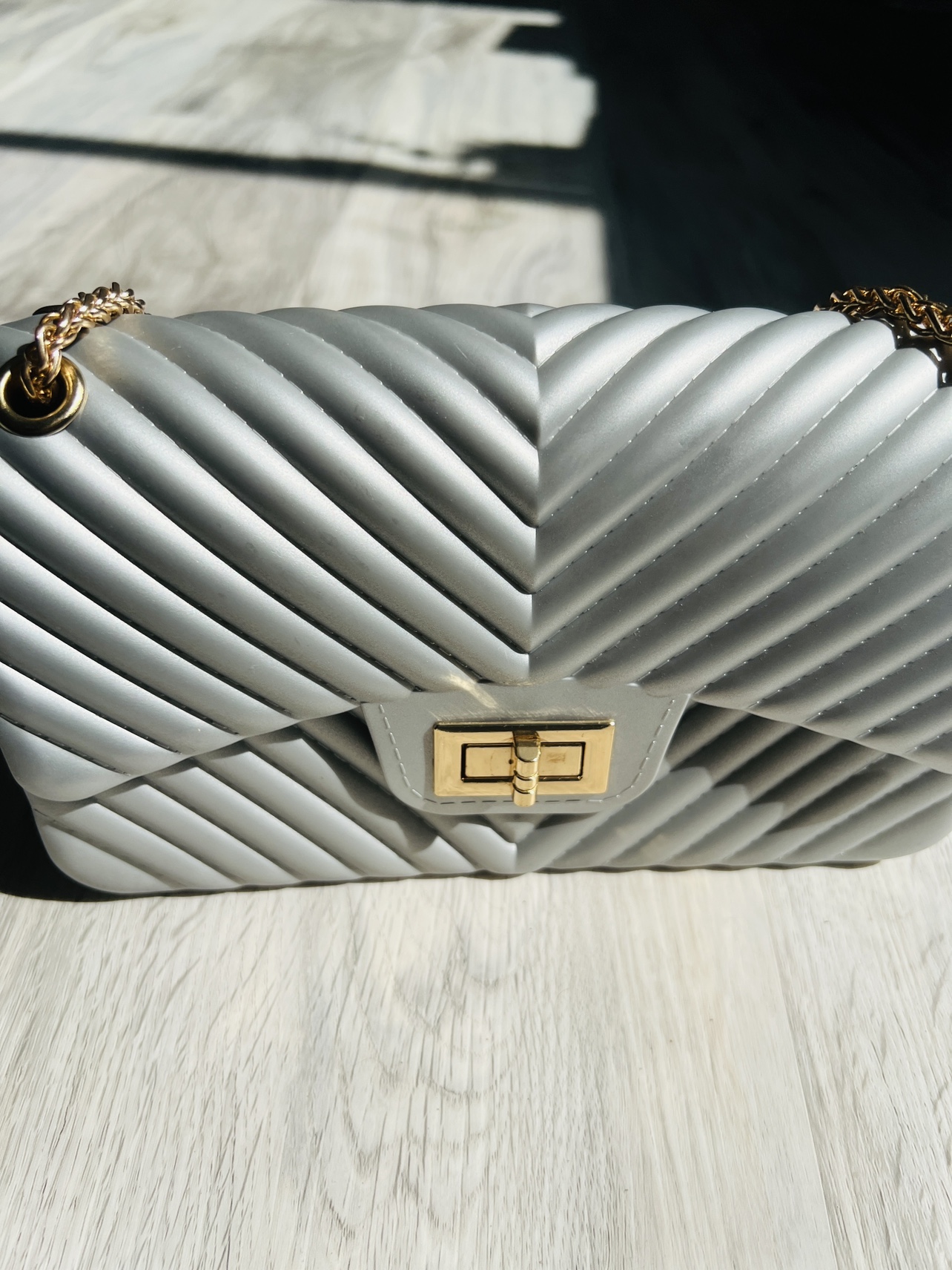 Grey Quilted Chain Bag.