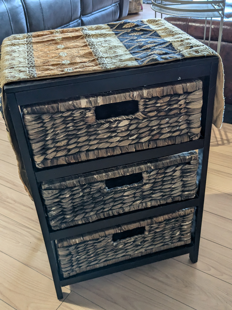 Three-Tiered Storage Unit with Wicker Baskets