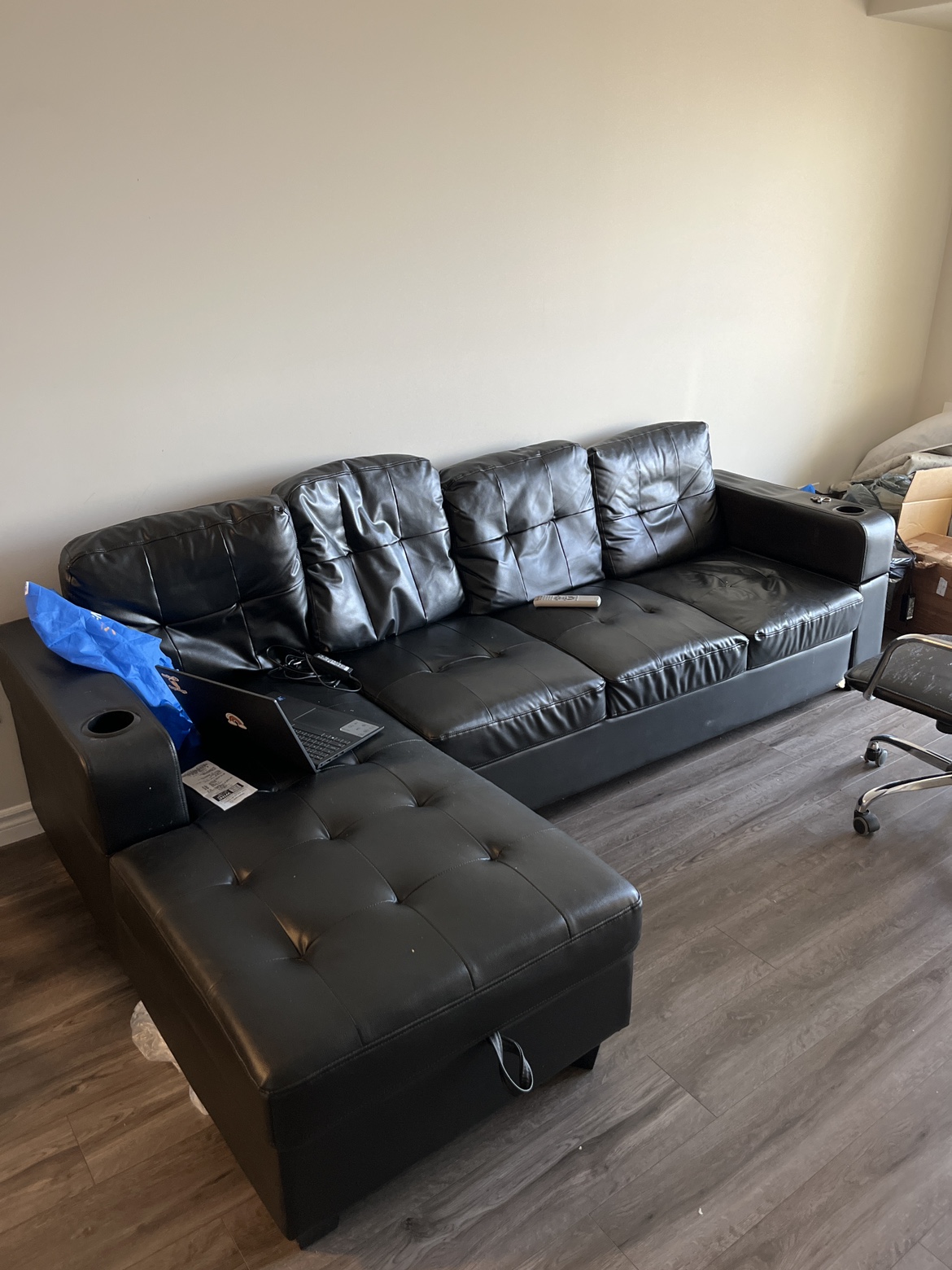 Black Leather Sectional Sofa with Storage