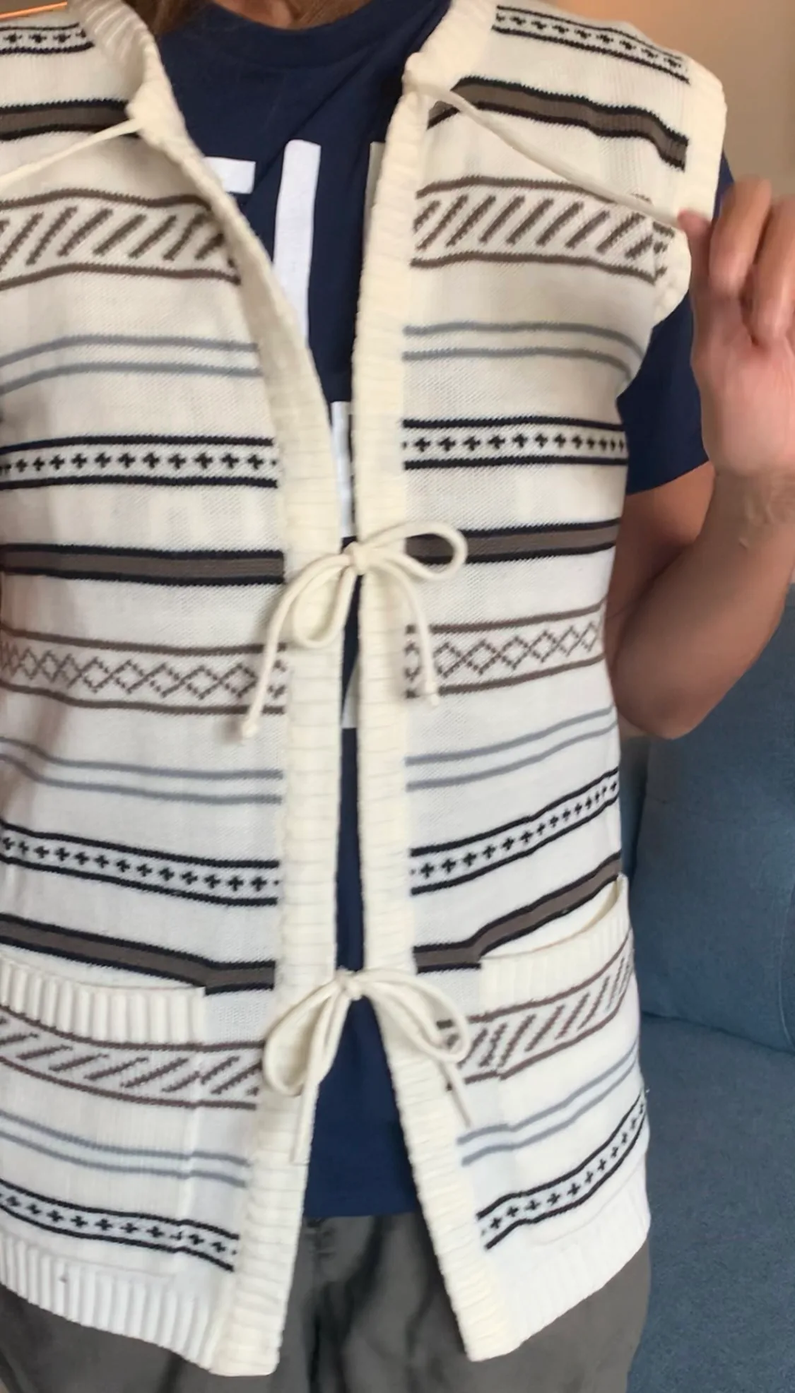 Vintage 70s Striped Knit Vest w/ Ties & Pockets image indicator(4)