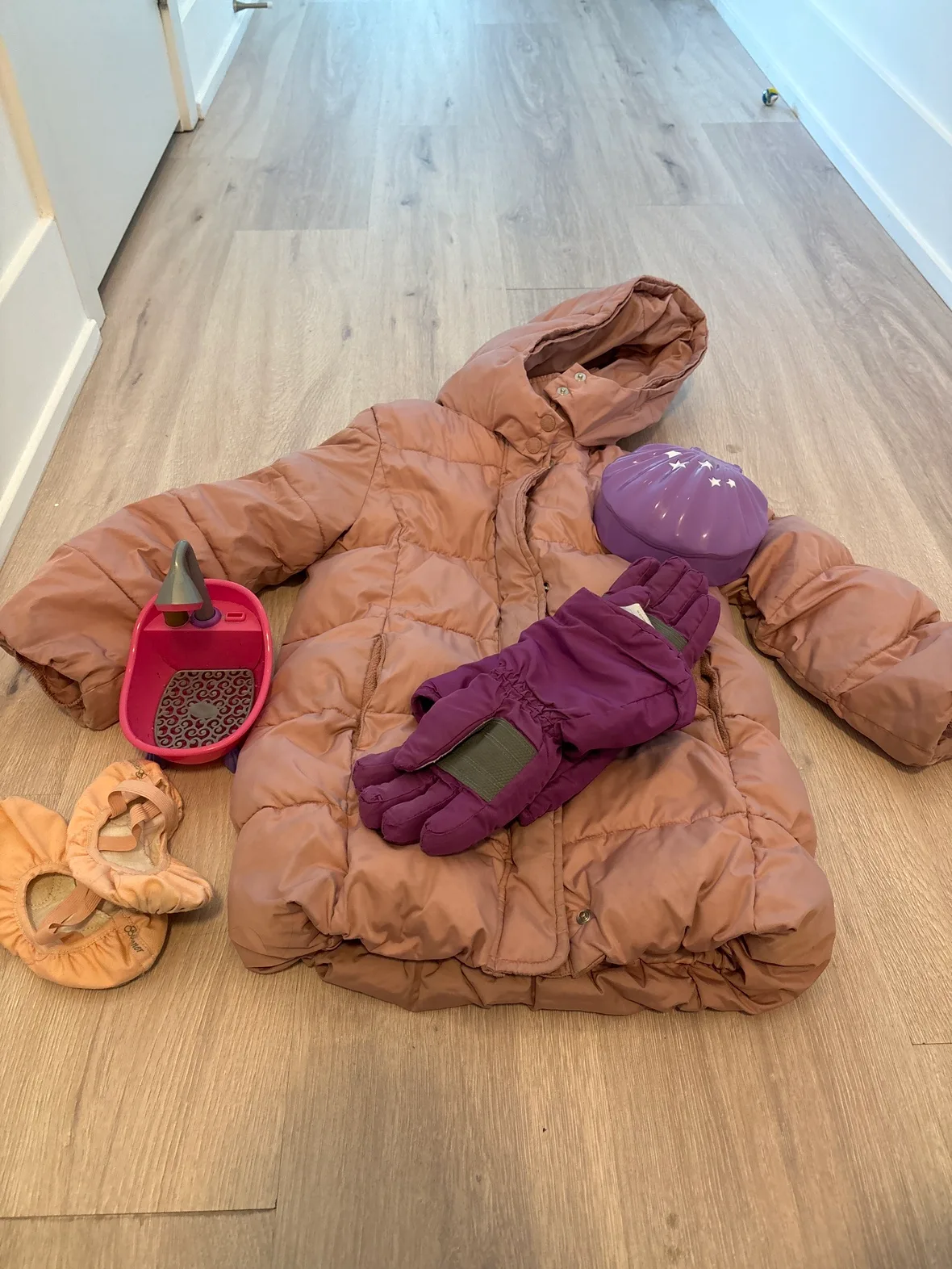 Pink Winter jacket, ballet shoes, gloves and toys thumbnail