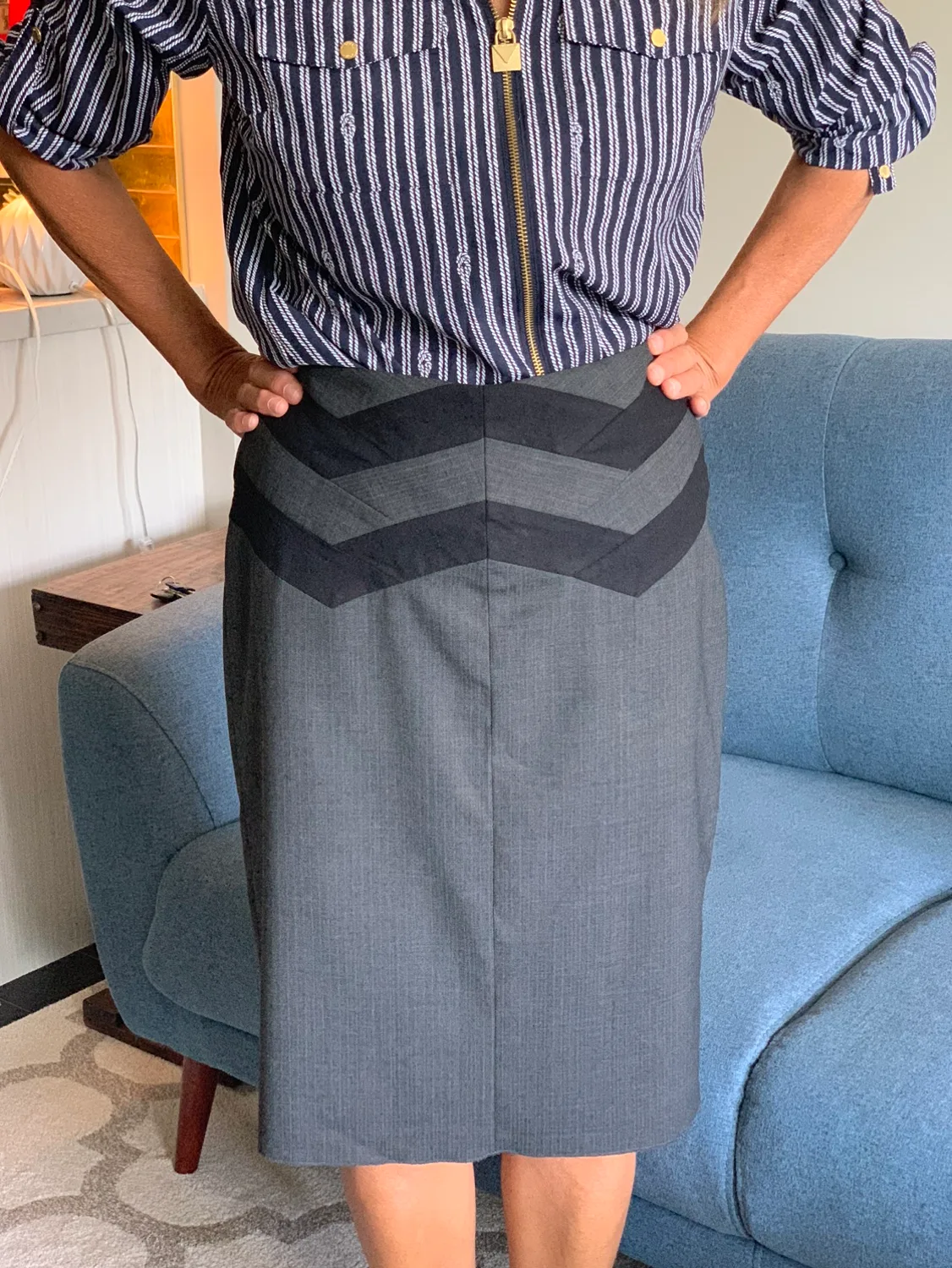 BCBG MAXAZRIA Grey Pencil Skirt with Black Trim image indicator(3)