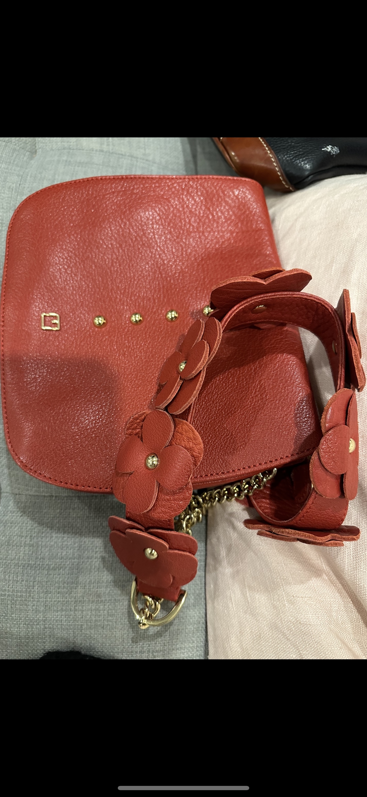 Red Leather Bag with Flower Chain