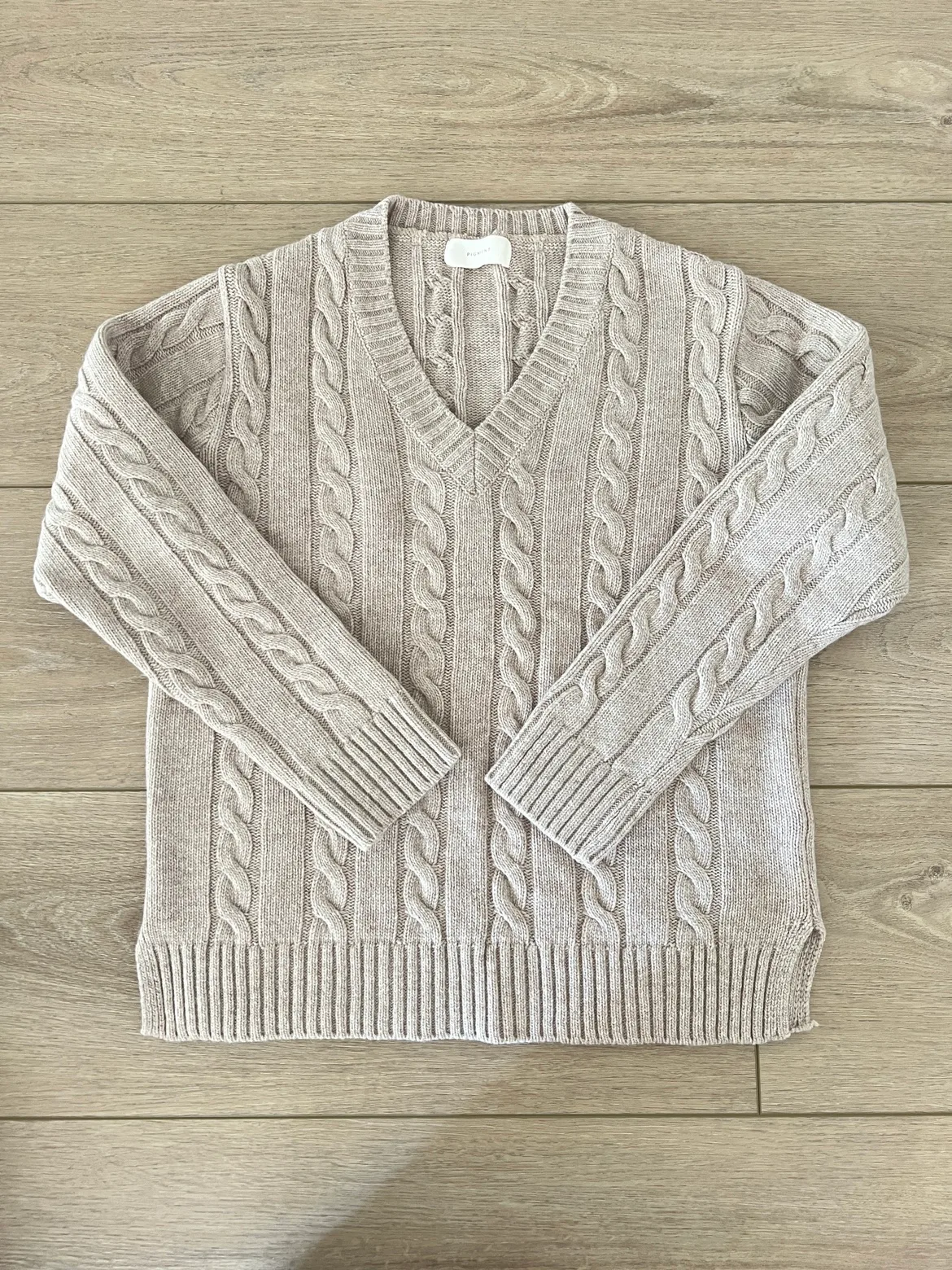 Beige Cable Knit V-Neck Sweater thumbnail