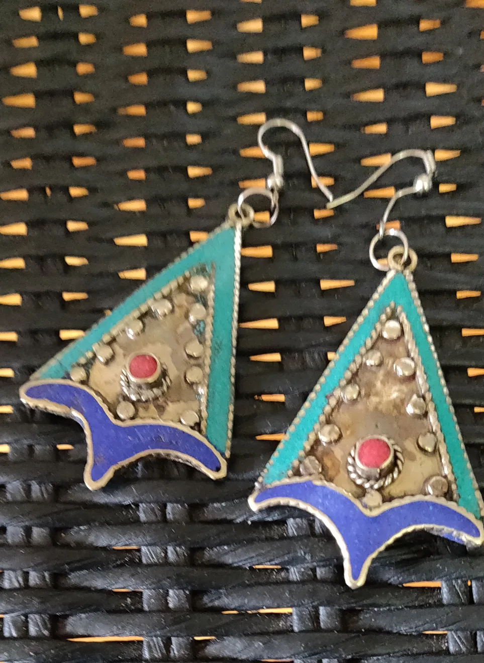 Tibetan Silver Drop Earrings with Turquoise Coral Lapis 3" thumbnail