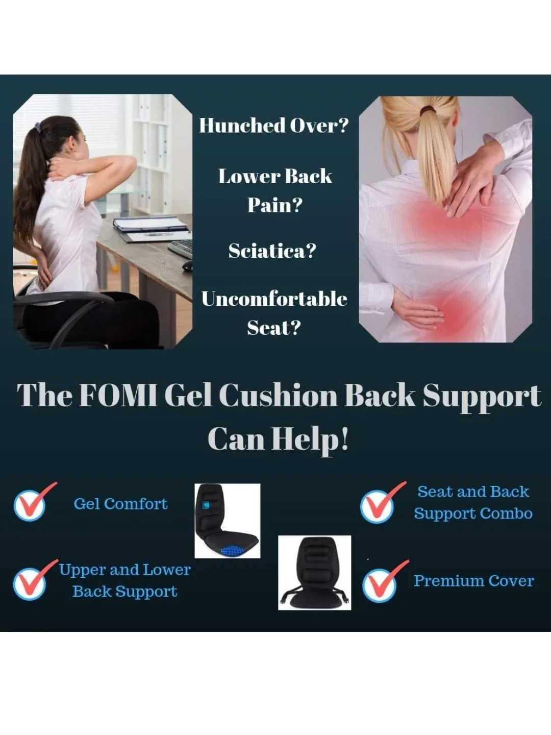 FOMI Premium Gel Cushion and Firm Back Support Pain Relief image indicator(6)
