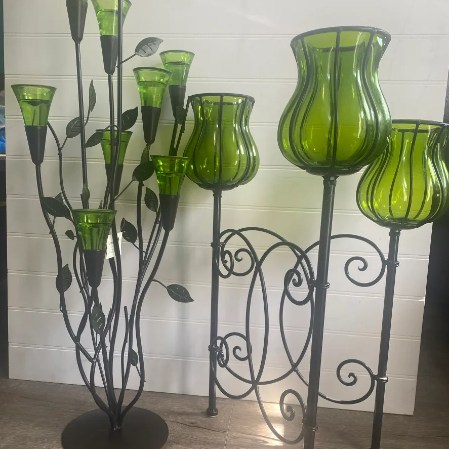 Set of wrought Iron, green glass Candle Holders thumbnail
