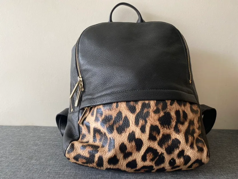 Black Danier Leather Backpack with Leopard Print thumbnail