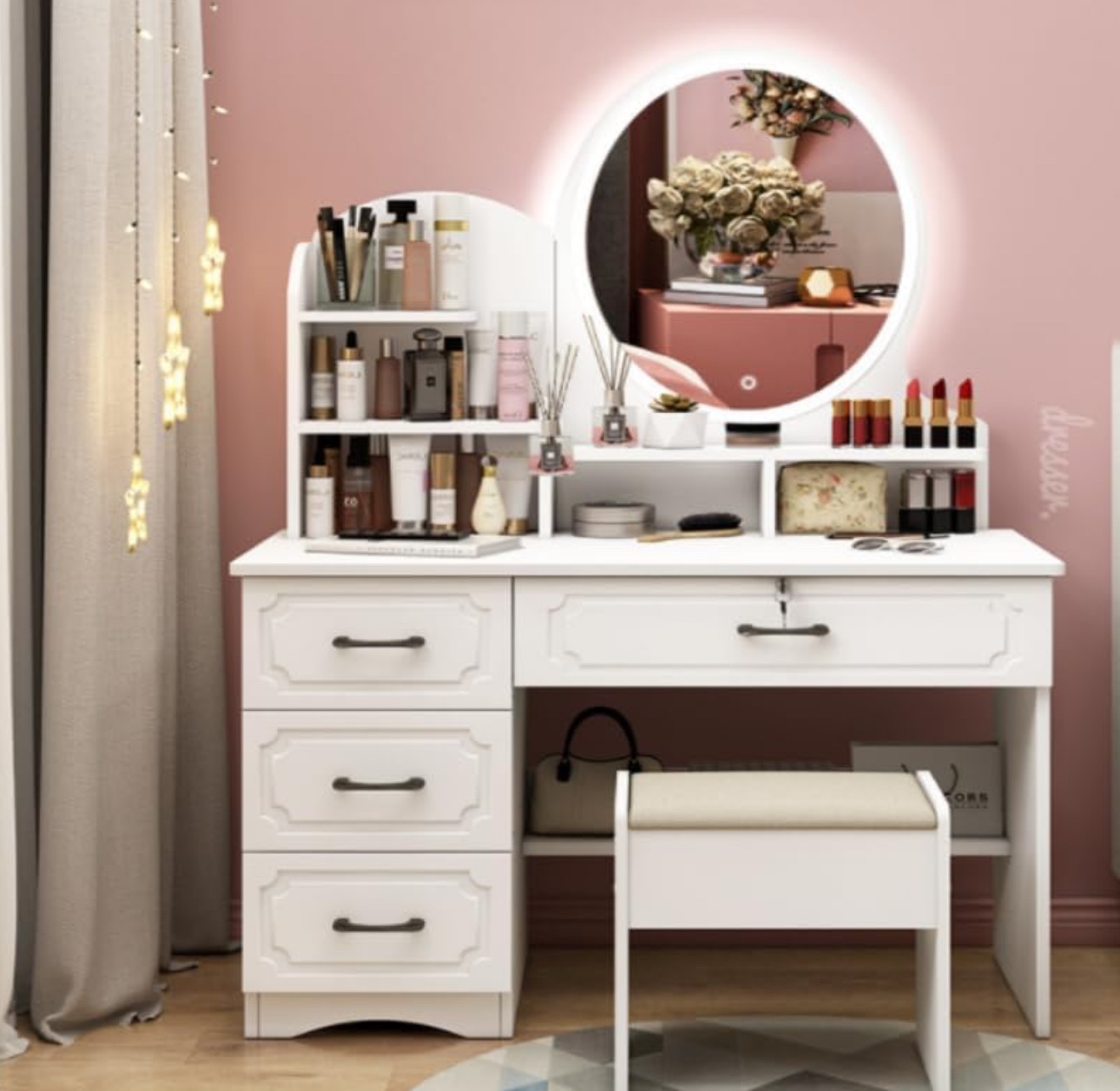 White Vanity Desk/ Dressing Table with Touch LED Lights