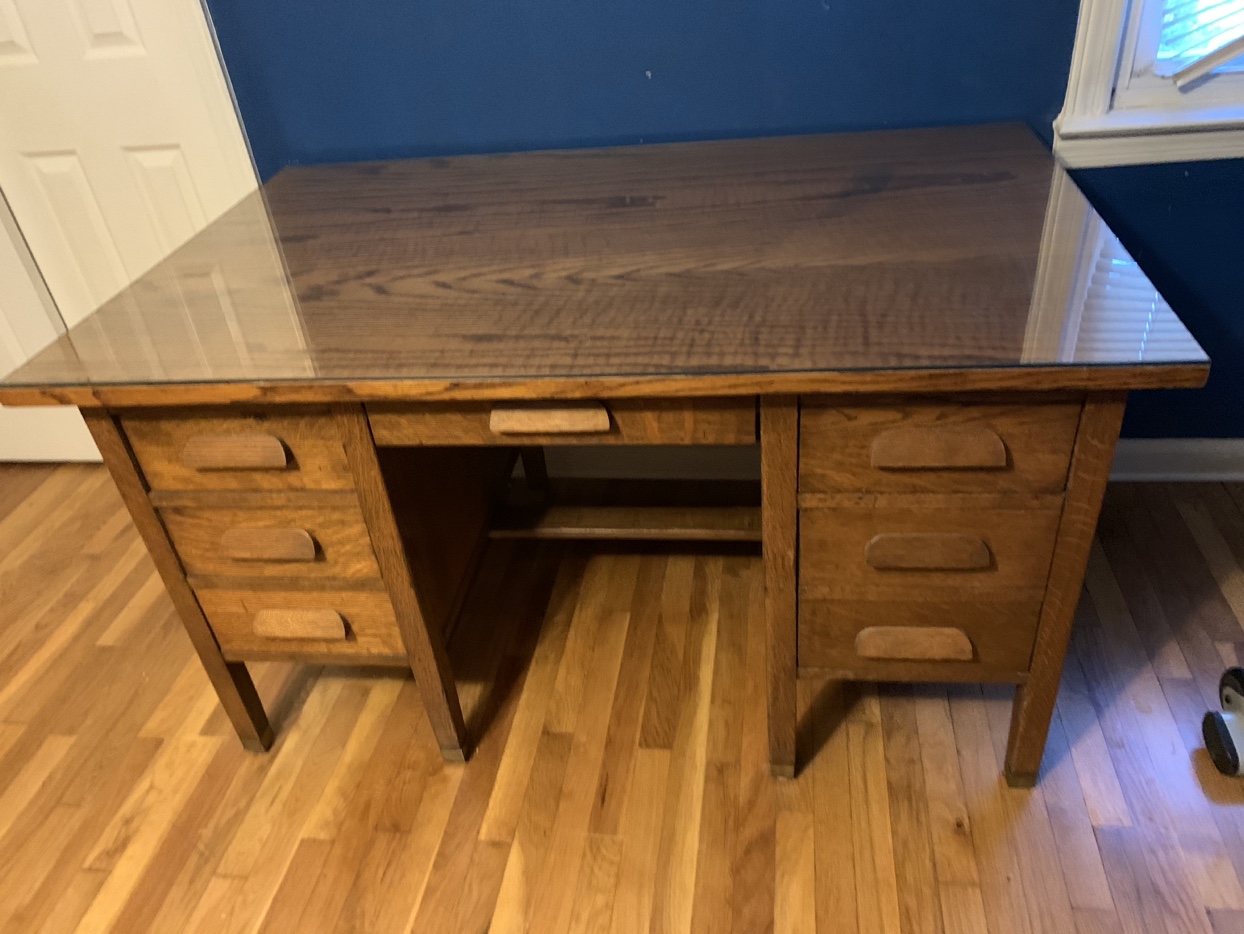 Antique Tiger Oak teachers desk w/ glass top large executive MV - photo 2