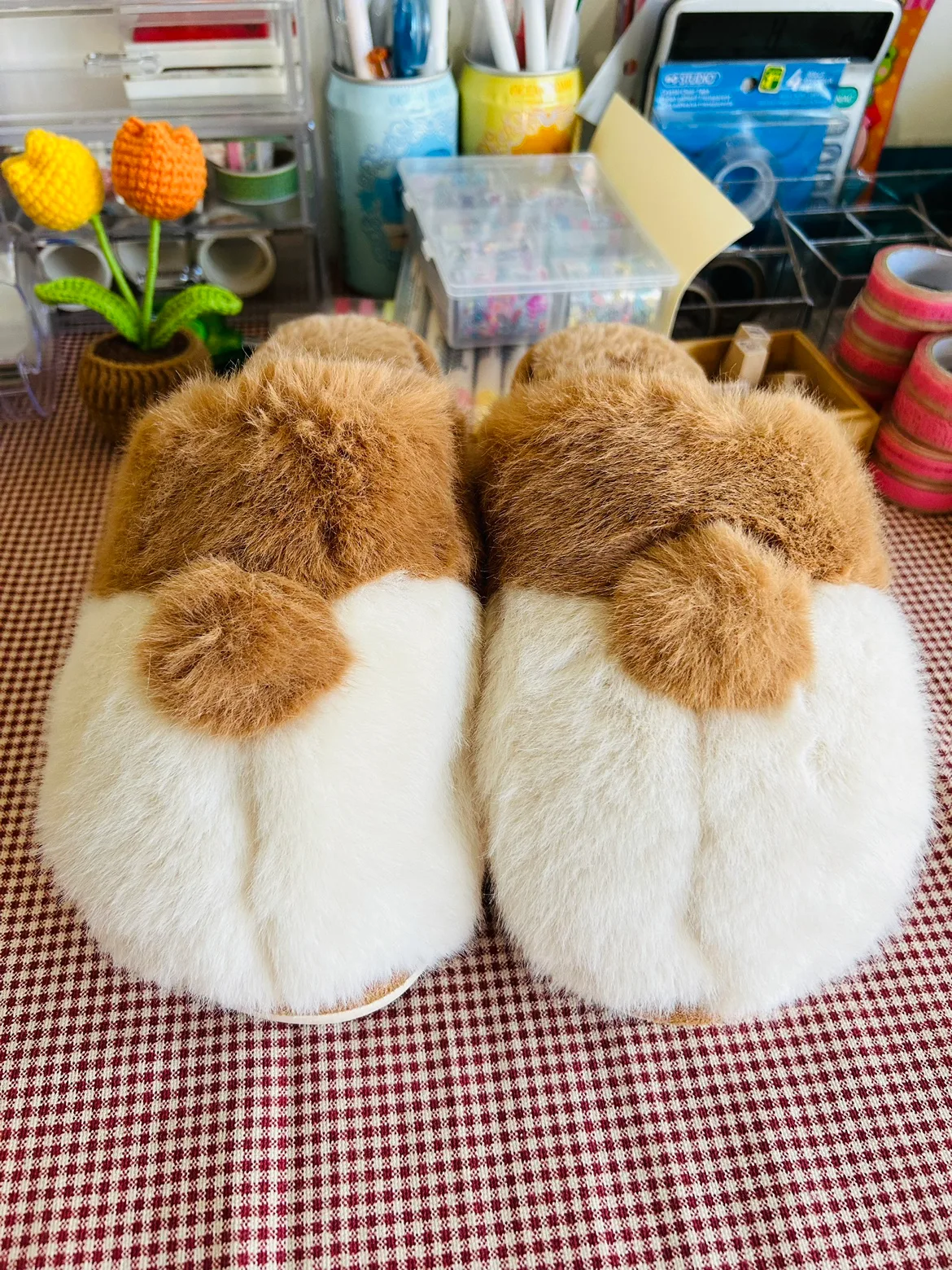 Brown and White Furry Slippers thumbnail