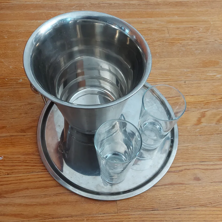 Silvery Serving Tray with Champagne Bucket and Glasses image indicator(2)