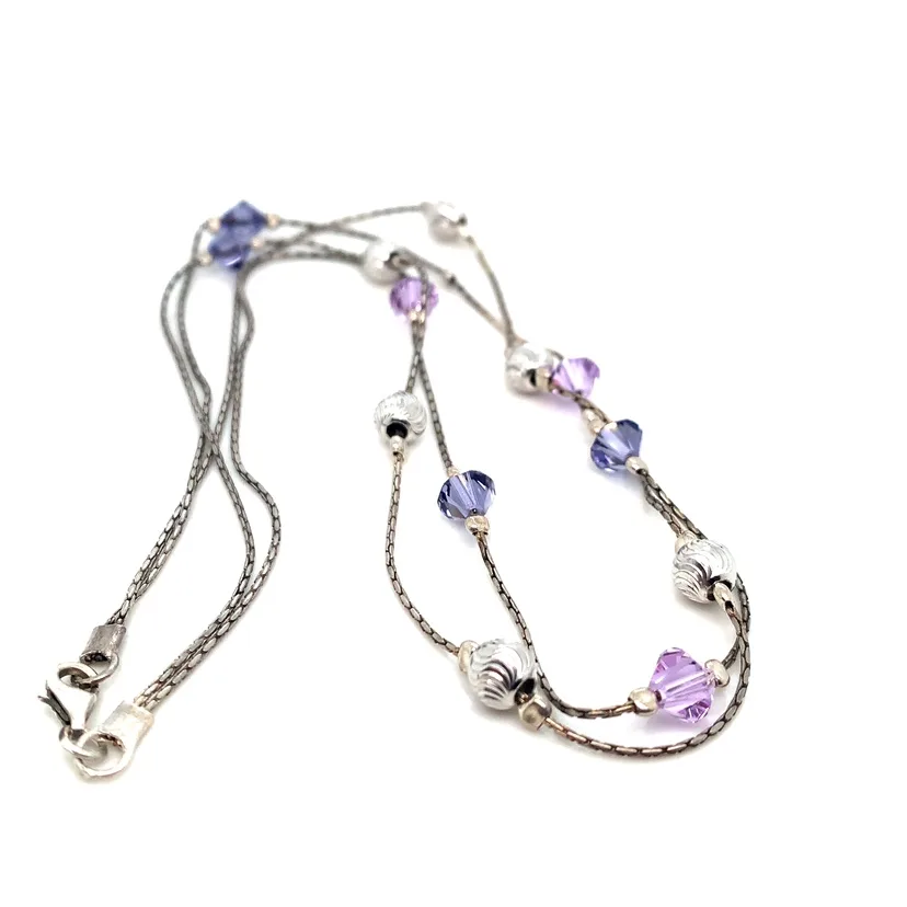 Double Chain Necklace with Pink/Purple Crystals image indicator(6)