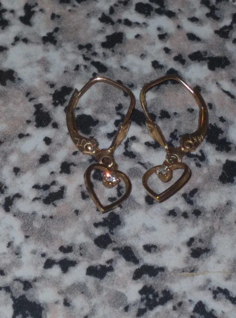 14k Gold Heart Dangle Earrings with diamonds thumbnail