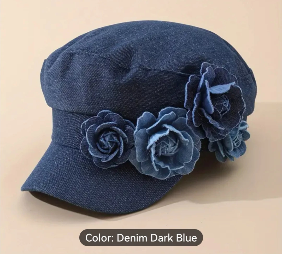 Cotton Denim Beret with Floral Embellishmen♥