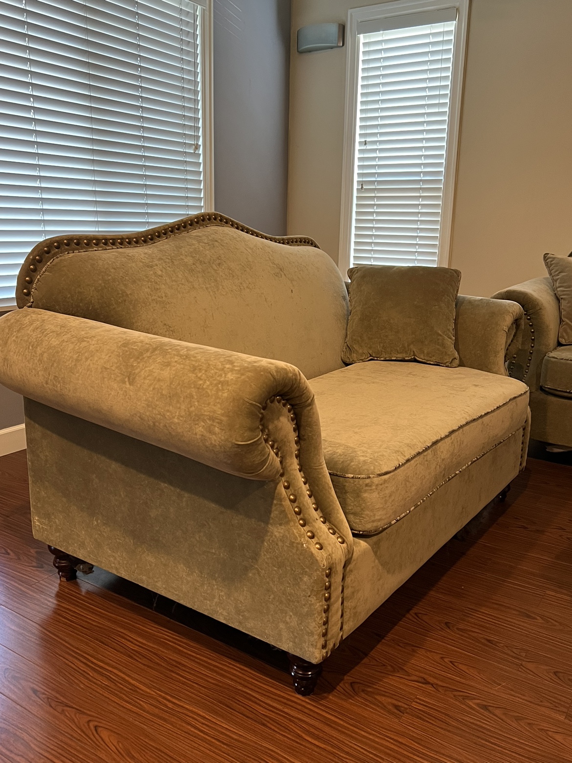 Green Velvet Sofa and Chaise Lounge Set with table - photo 2