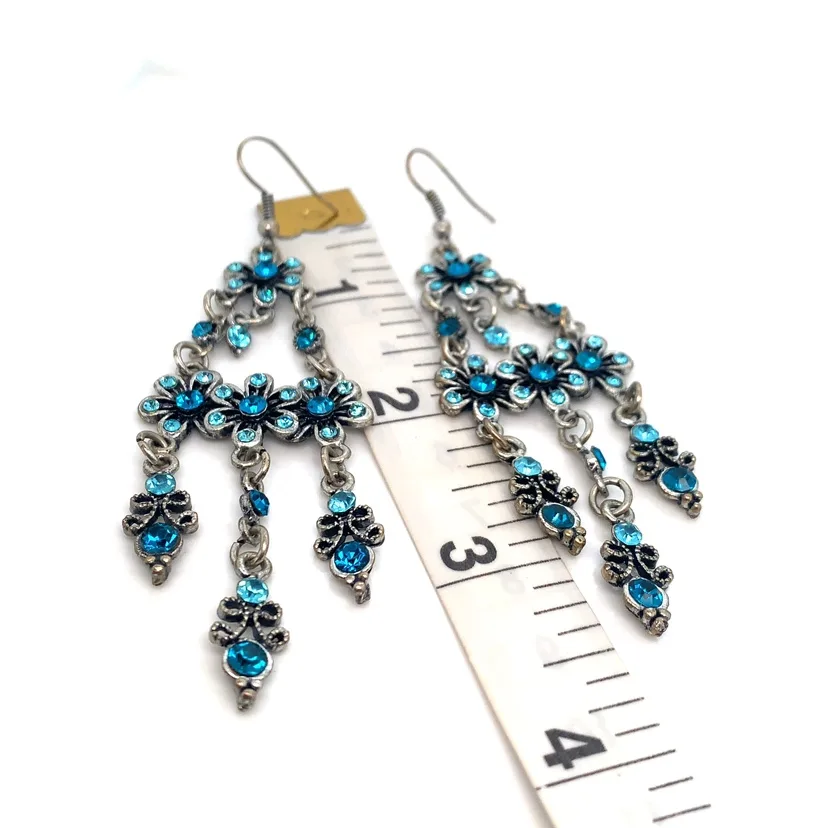Blue Rhinestones Flower Chandelier Earrings image indicator(2)