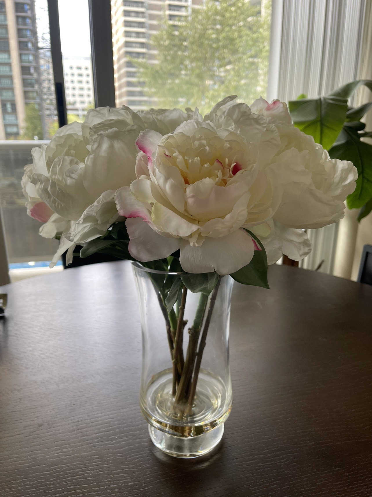 Artificial Peony Bouquet in glass vase