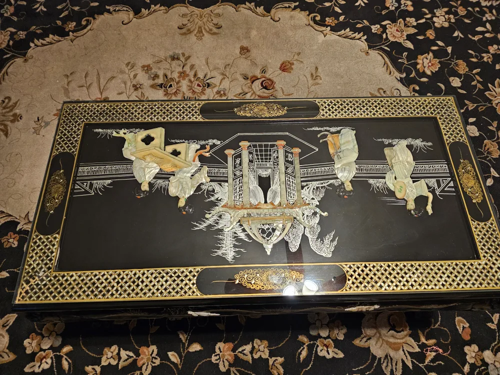 Asian black lacquer & Mother of Pearl glass-top coffee table image indicator(2)
