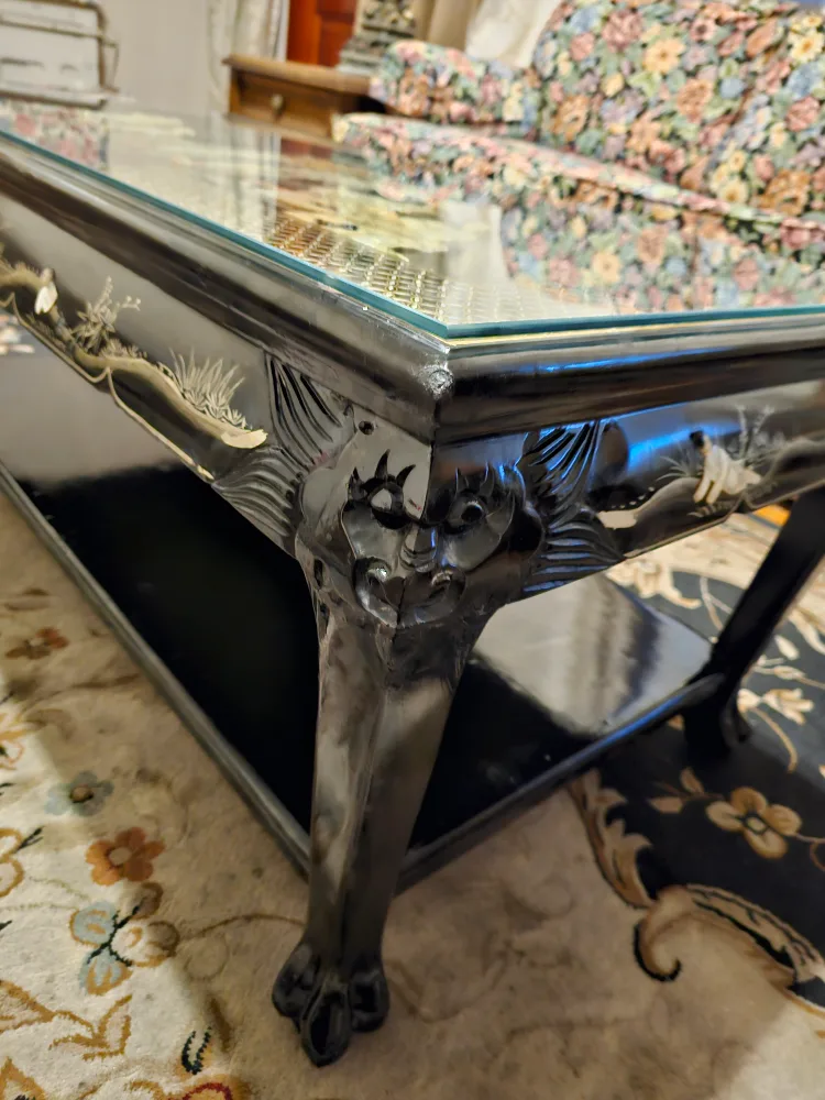 Asian black lacquer & Mother of Pearl glass-top coffee table image indicator(4)