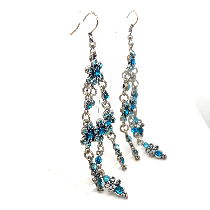 Blue Rhinestones Flower Chandelier Earrings image indicator(9)