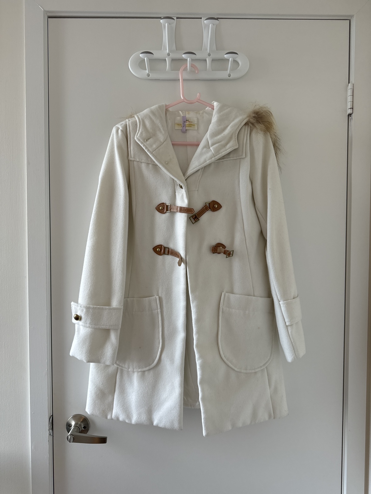 White Trimmed Peacoat with Fur-lined Hood