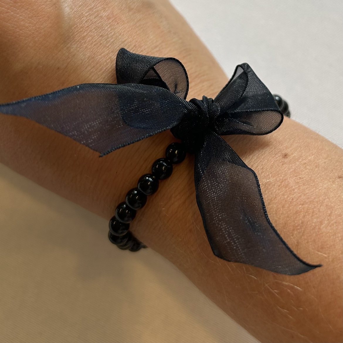 Handcrafted Black Stretchy Beaded Bracelet with Sheer Bow - photo 2