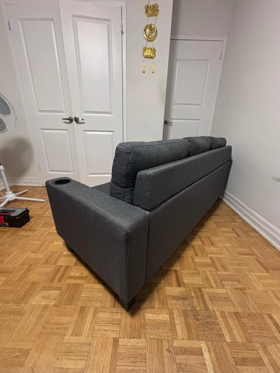 Like New - Grey Sofa with Cup Holders image indicator(2)