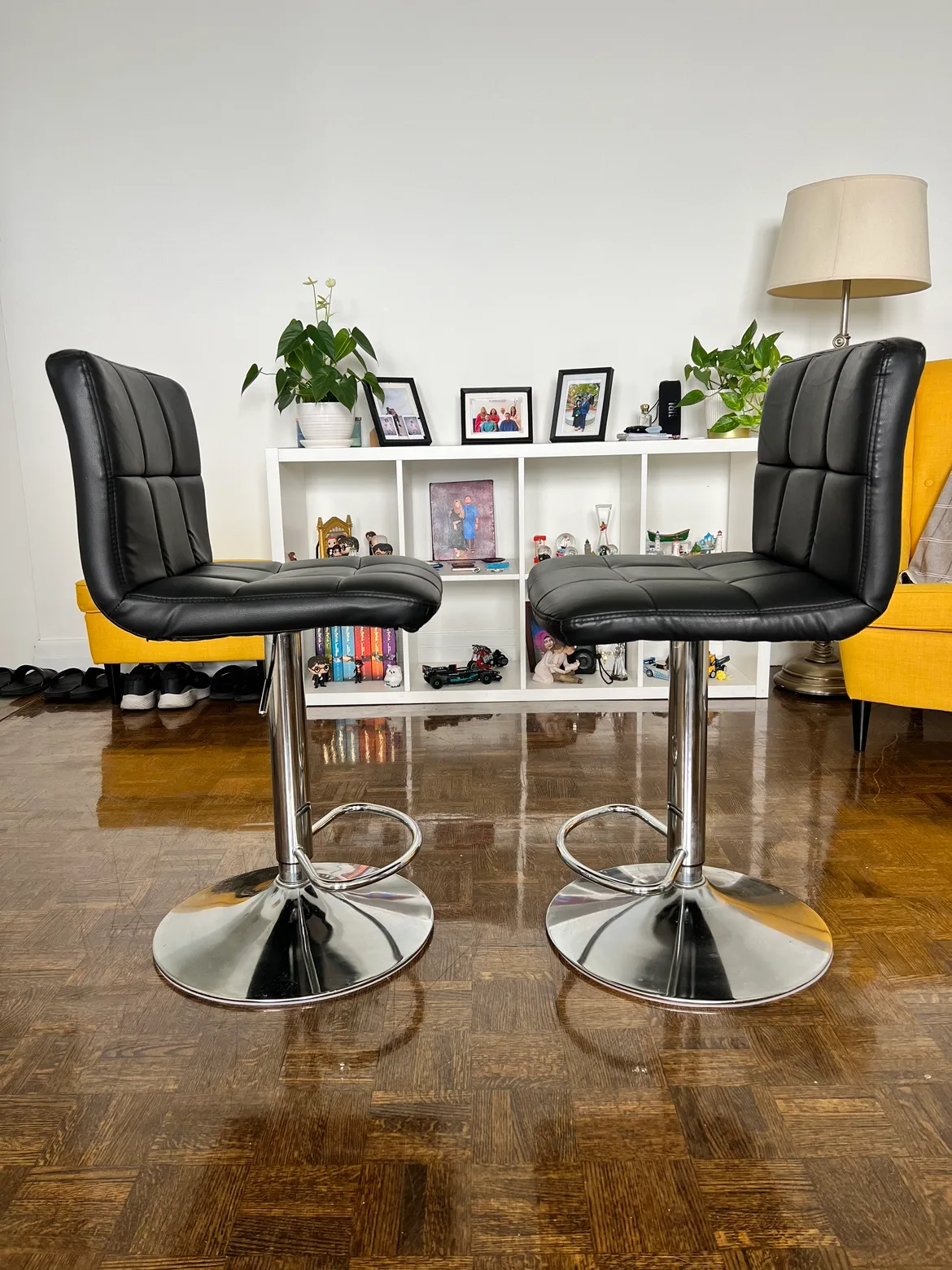 Black Counter Height Bar Stools Set of 2 PU Leather Swivel image indicator(2)