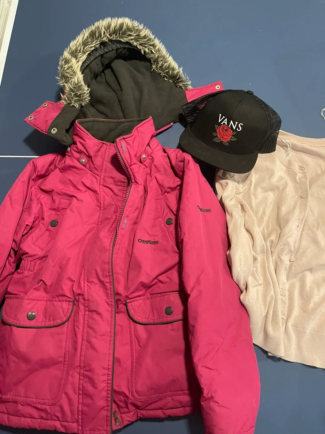 OshKosh Winter Jacket, Cardigan, and Vans Hat thumbnail