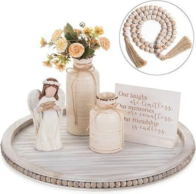 New - Large Beaded Wooden Tray with Tassel 17.5 inch thumbnail
