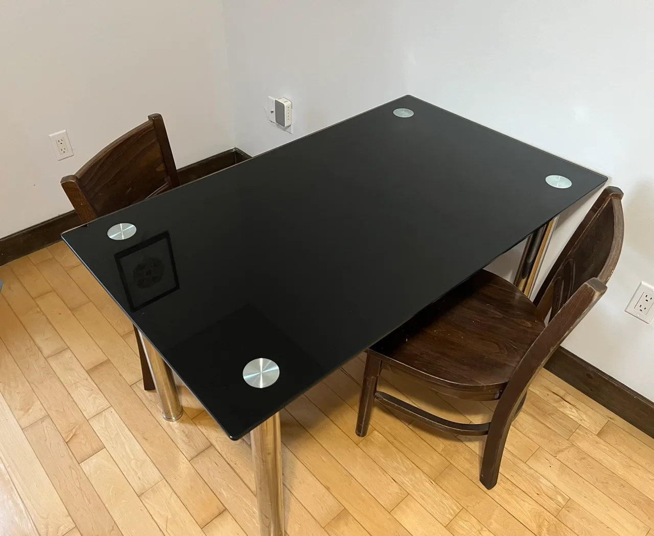 Black Glass Table with Two Chairs