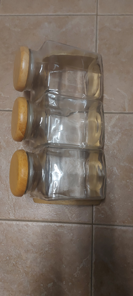 Glass Storage Jars with Wooden Lids and Stand (Cash only)