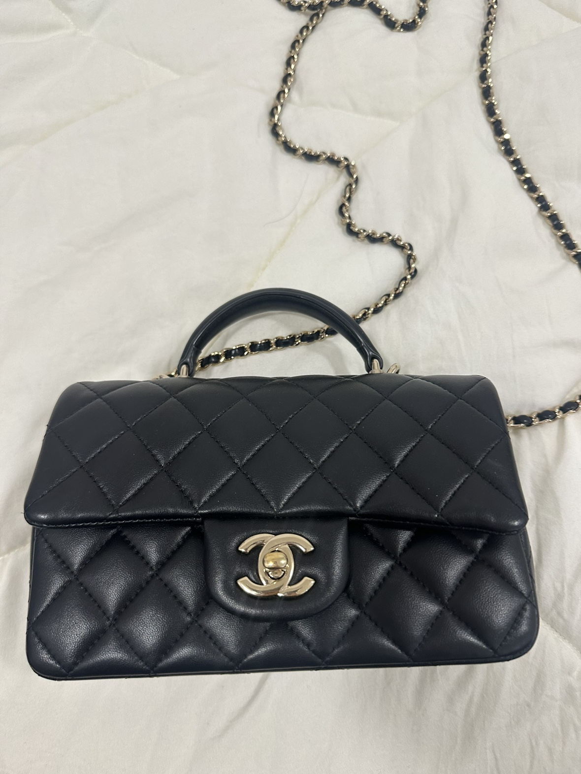 Authentic Chanel Lambskin Quilted Mini Top Handle Flap Black bag